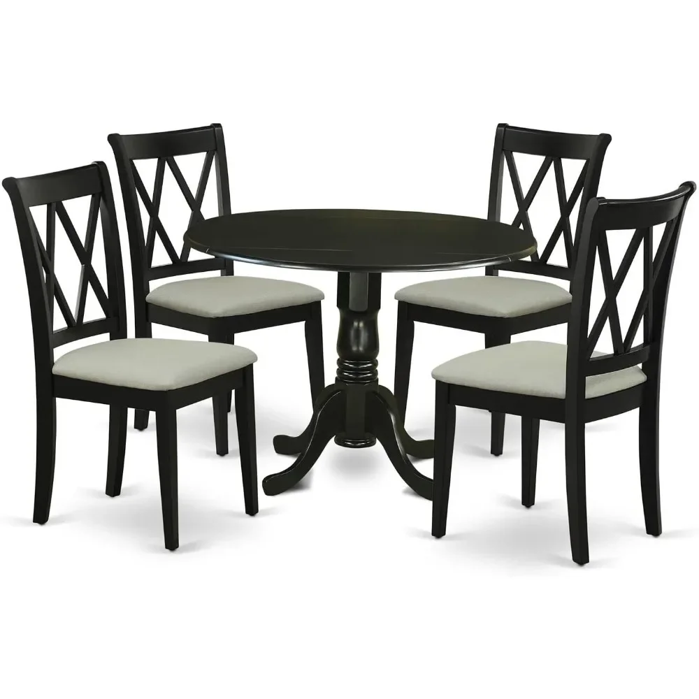 

5 Piece Room Set Includes A Round Dining Table with Dropleaf and 4 Linen Fabric Upholstered Chairs, 42x42 Inch