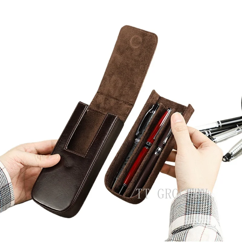 

Luxury Genuine Leather 3 Slots Pen Case With Removable Pen Tray Holder Pencil Case Office School Supplies Pouch Creative Gift