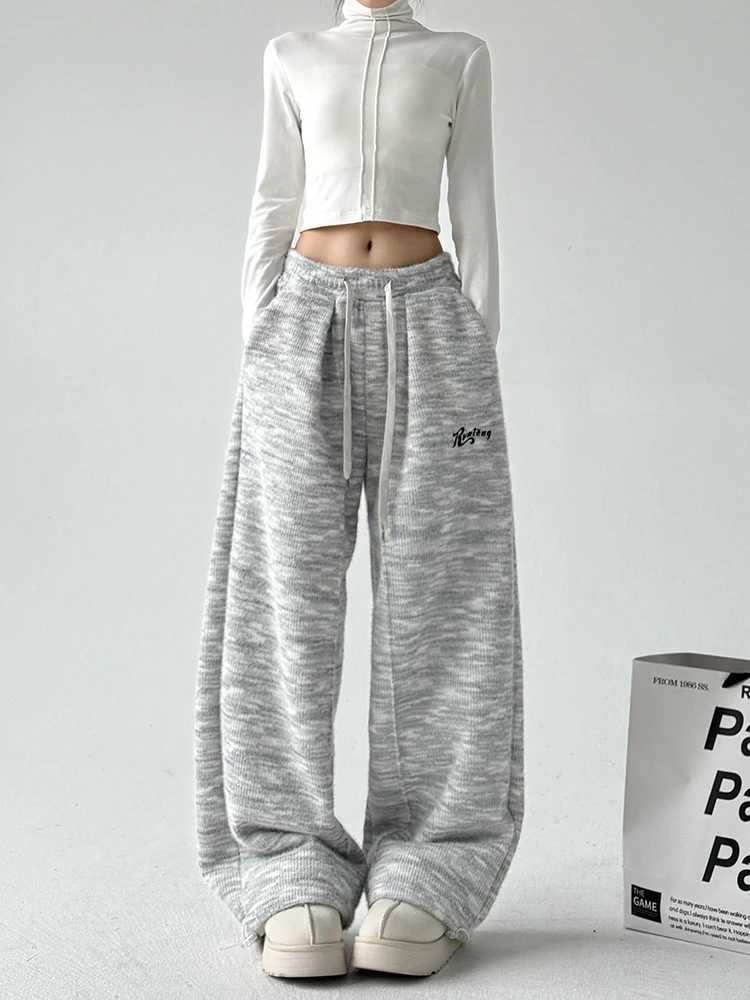 الرجعية الأمريكية المطرزة Fce اصطف مرونة الخصر Sweatpants المرأة شتاء جديد فضفاض الطابق طول السراويل العصرية