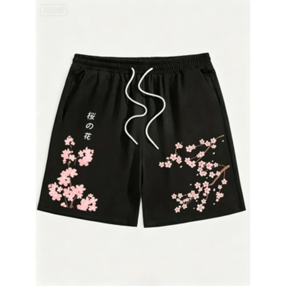 American Men's Summer Personalized Cherry Blossom Letter Print Micro Elastic Breathable Drawstring Shorts Outdoor Casual Pants