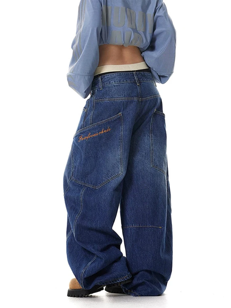 Retro Loose Women Jeans Fashion Street Slim High Waist Woman Jeans Blue Simple Basic Chicly Embroidered Wide Leg Pants Female