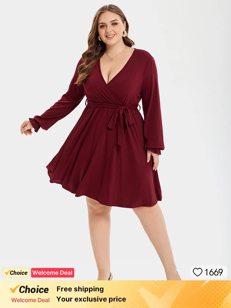 Plus Sized Clothing Women Vintage Evening Party Dresses V-Neck Wrap Belted Long Sleeve Dress Solid Color Elegant Ladies Outfits