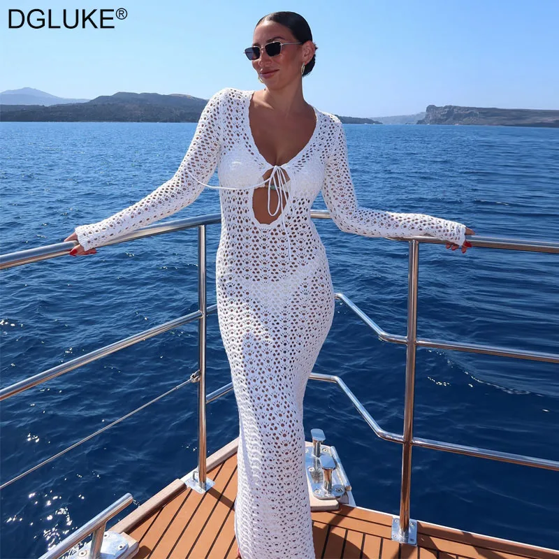

DGLUKE Knitted Swimsuit Cover-up Women White Crochet Beach Dress Sexy V-neck Long Sleeve Summer Holiday Maxi Dress Knitwear
