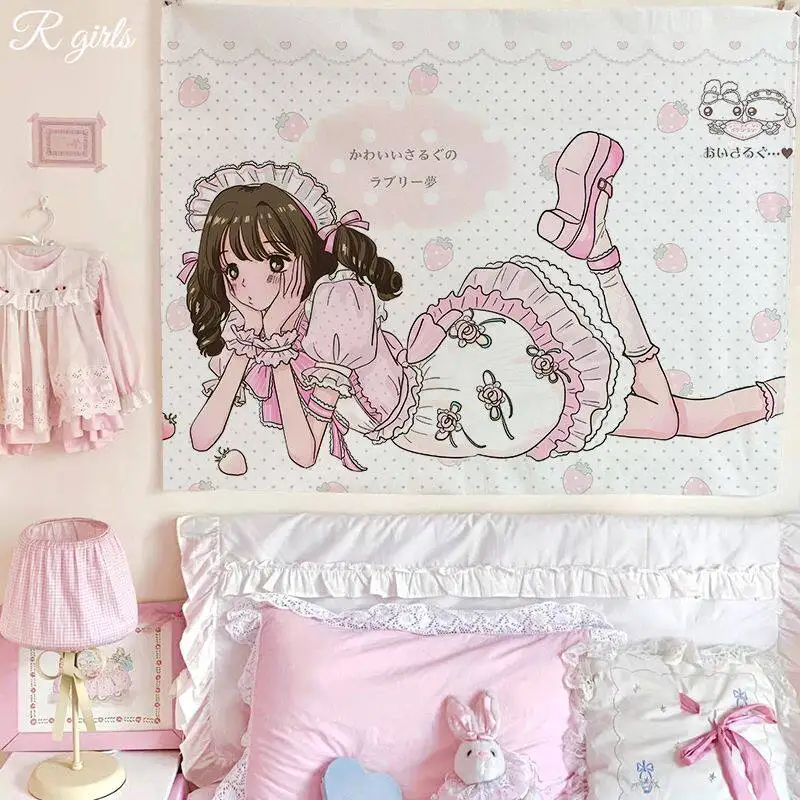 VIKAMA Kawaii Rosa Katzen-Wandteppich Niedlicher Cartoon-Kätzchen-Polka-Dot-Wandbehang für Mädchenzimmer Weiche Dekoration Wandbehang Wandteppich – Detail 3