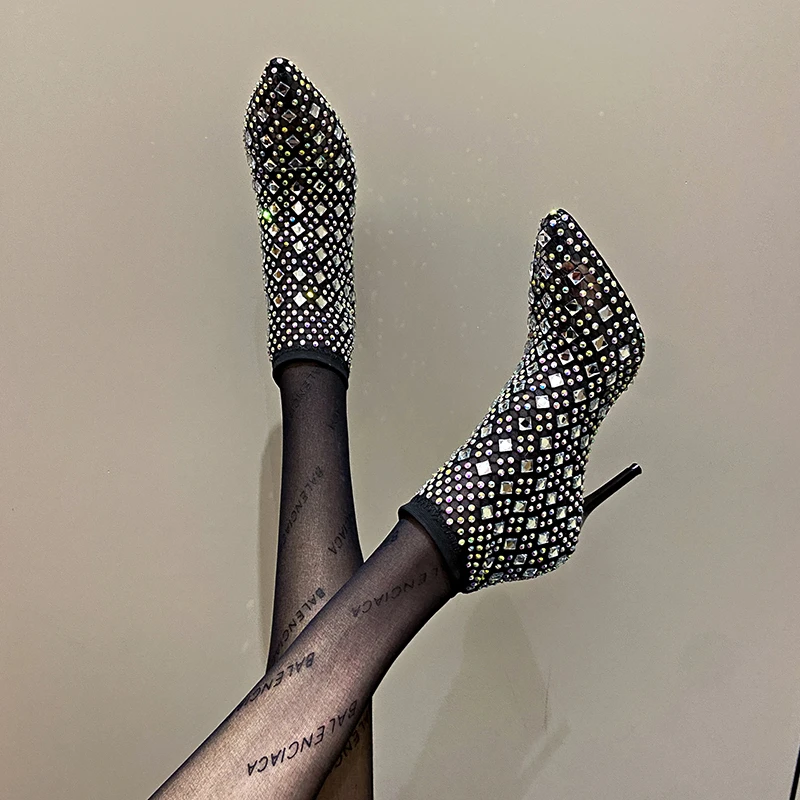 2023 Women Sandals Full Rhinestone Mesh Summer Boots Women Zapatos Transparentes De Mujer Size 43 Goth High Heels Cowboy Boots