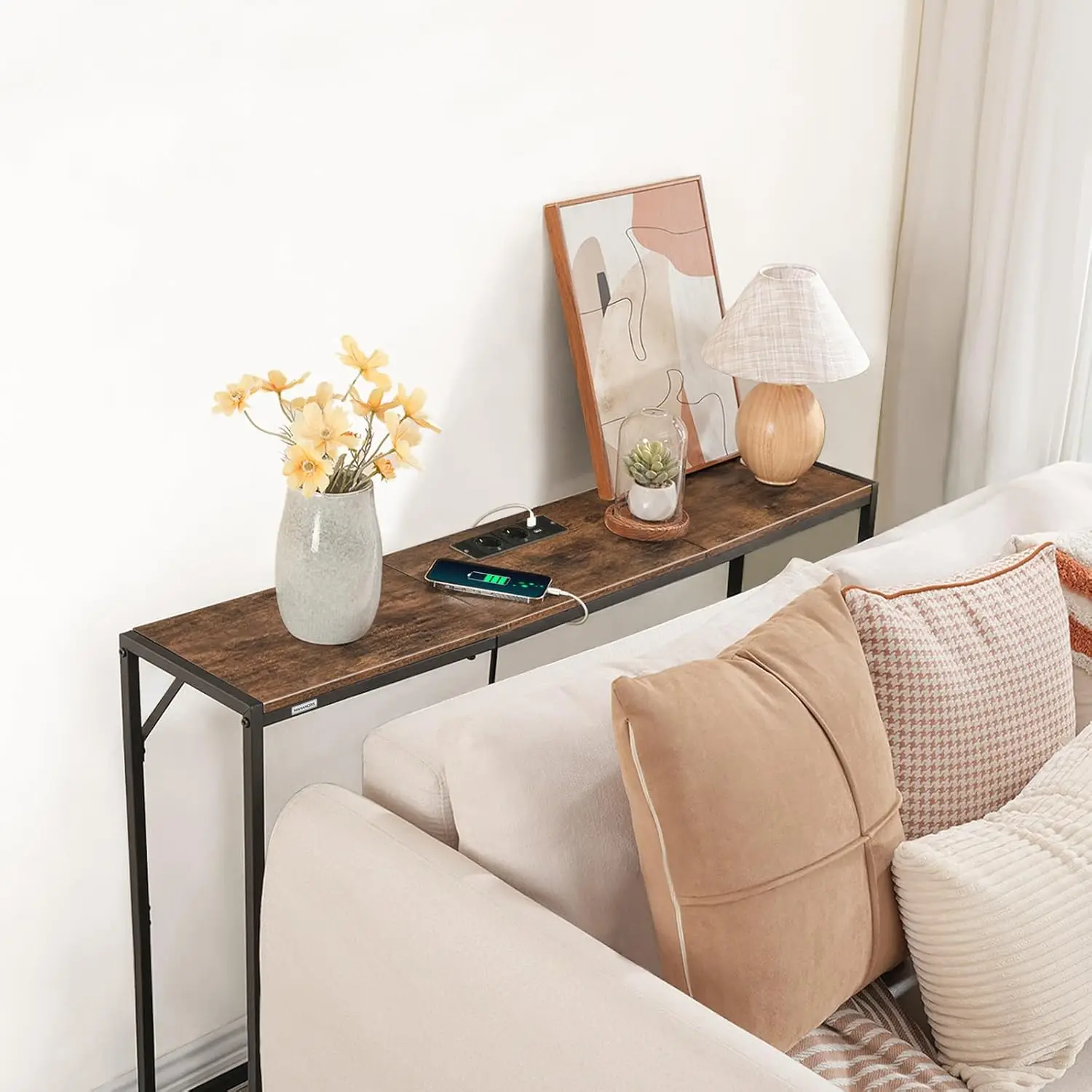Mesa de Entrada y Sofá Estrecho, Consola con Estructura Metálica, Estilo Minimalista para Sala de Estar