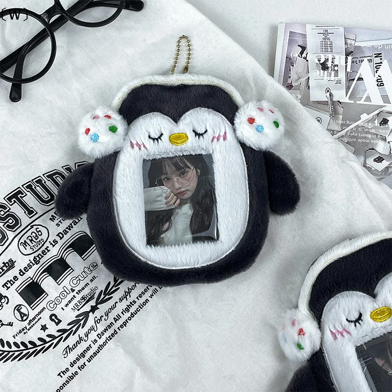 〔W〕Lovely Cartoon Penguin Plush Card Holder Kpop Photo Album Display Sleeves Keychain ID Card Student Card Protective Girl Gifts