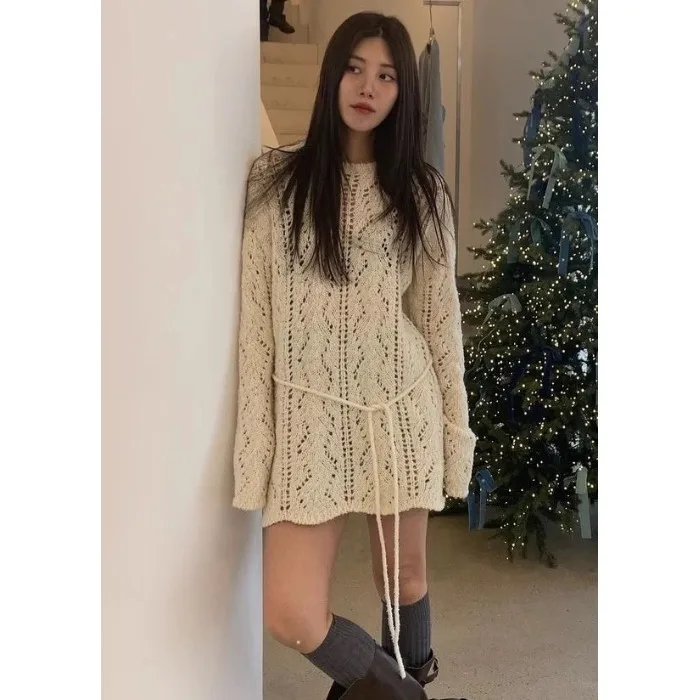 

Милый длинный вязаный свитер в стиле ретро, свободный женский свитер с поясом, весна-осень-зима, Thiened, китайский заказ