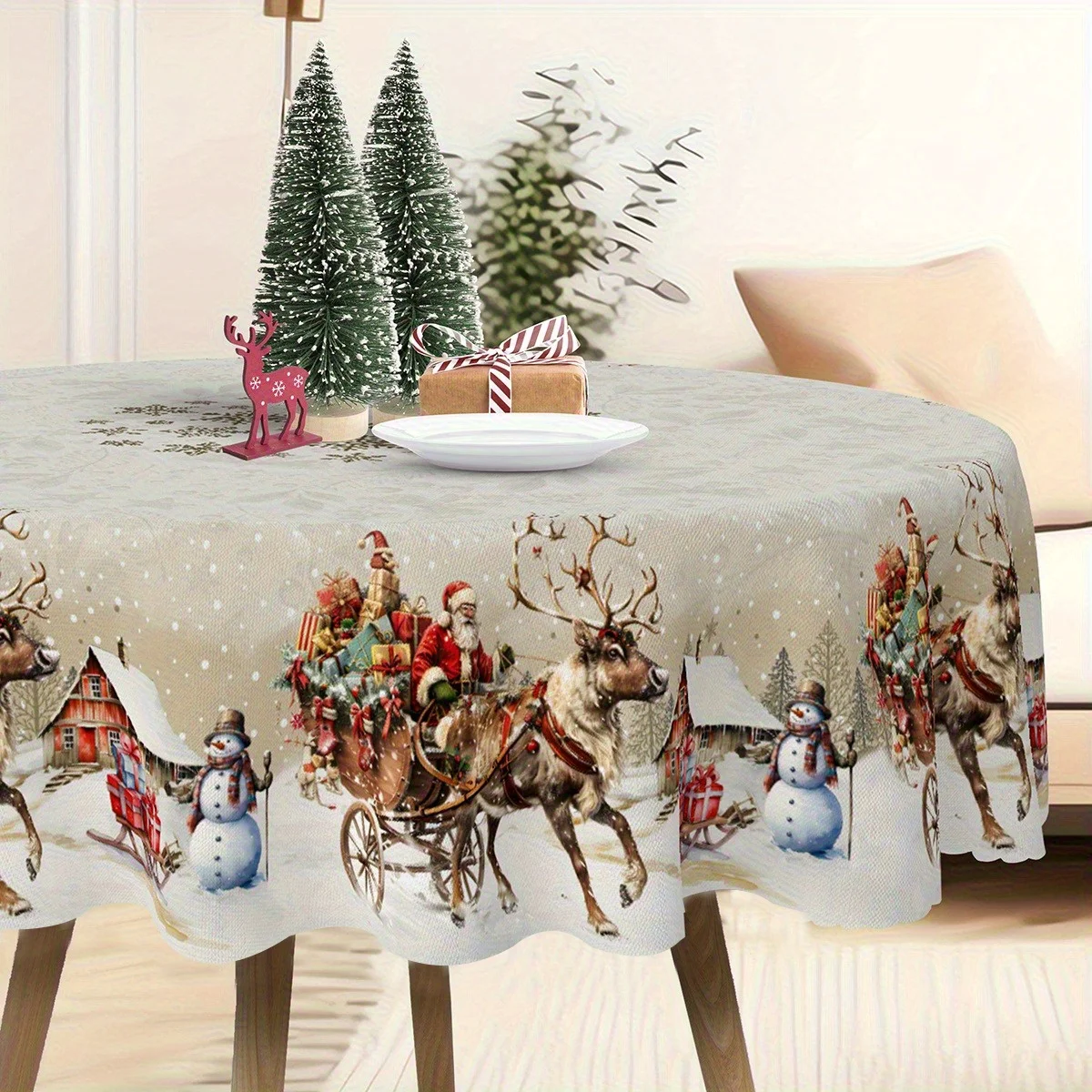A Farmhouse-Style Christmas Tablecloth Featuring a Design of Reindeer Pulling Santa Claus with Gifts, Perfect for Christmas And