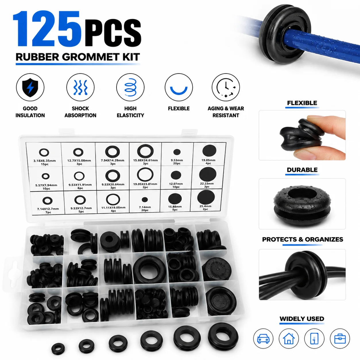 Wear Resistant 125 Piece Black Rubber Sealed Coil O-ring Distribution Box Cable Perforation Protective Rubber Ring Kit