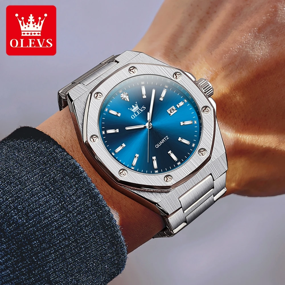 OLEVS Brand Original Casual Quartz Watch for Men Stainless Steel Waterproof Men's Watches Calendar Luminous Fashion Male Watch