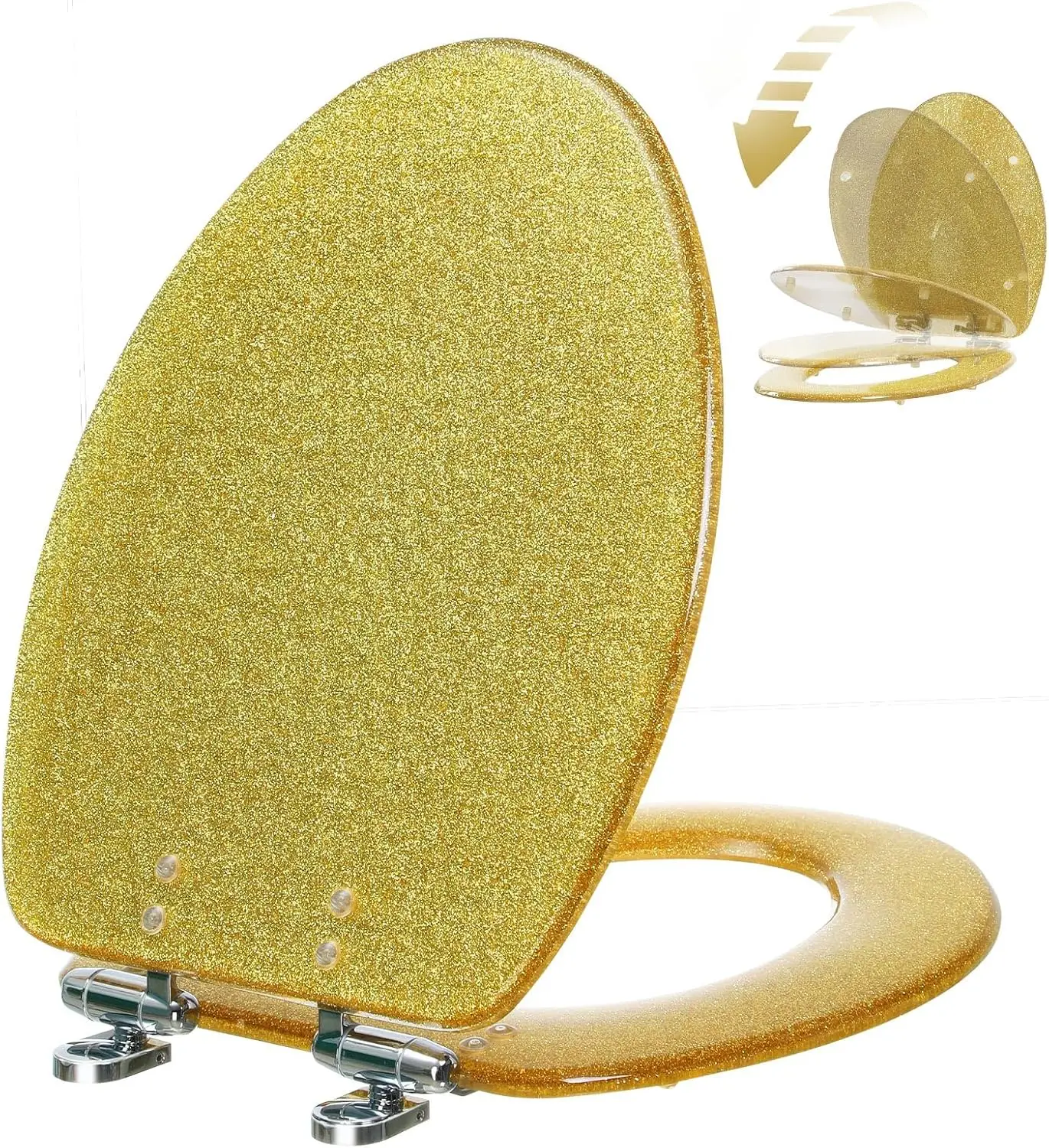 

Gold Glitter Elongated Toilet Seat with Quiet-Close Hinge, Heavy Duty & Easy Installation for Standard Size