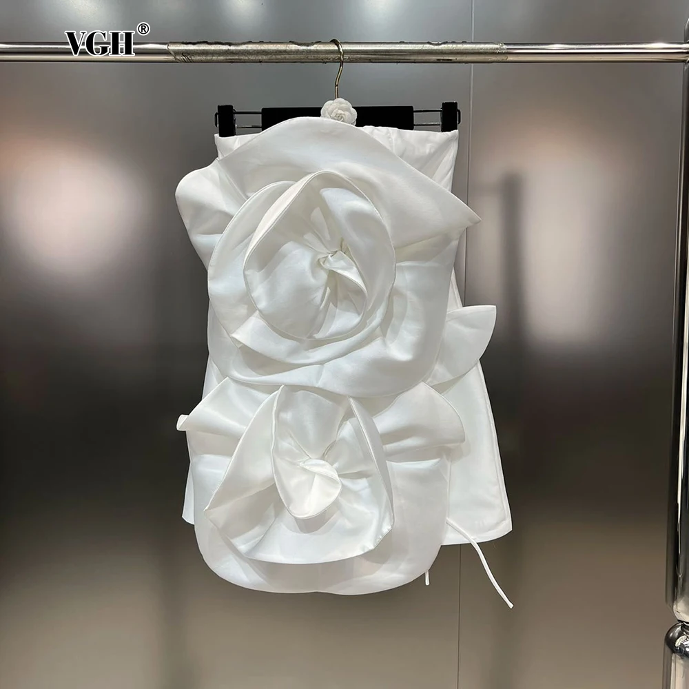 

VGH Solid Spliced 3d Flower Dresses for Women Strapless Sleeveless High Waist Patchwork Lace Up Backless Slim Mini Dress Female