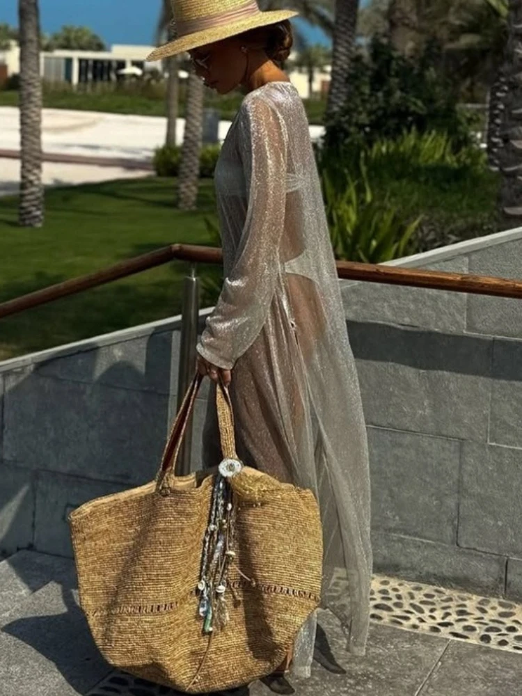 فستان طويل شفاف مثير للنساء من Tossy برقبة دائرية وأكمام طويلة وخصر عالٍ وفضفاض ملابس الشارع فستان ربيعي نسائي