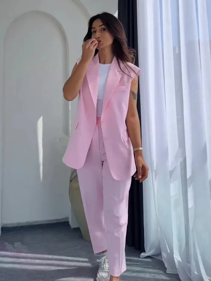 

Women's Summer New Style Sleeve Suit Casual Straight Leg Pants Fashionable Casual Set Pure Color Long Trousers Suit