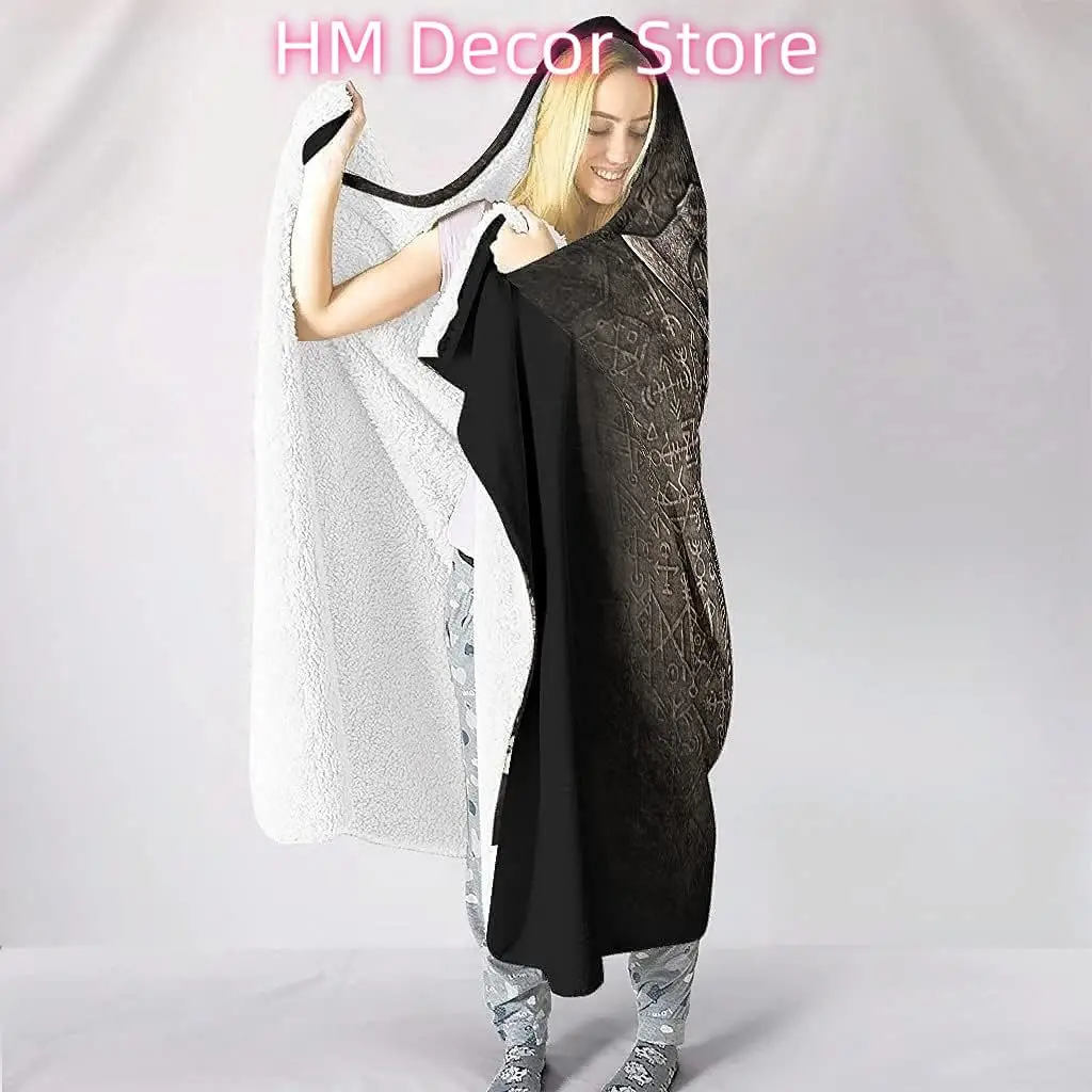 Vikings Throw Blanket Odin's Ravens Runes Hooded Blanket 3D Print Unisex Wearable Winter Warm Plush Sherpa Fleece Flannel Throw