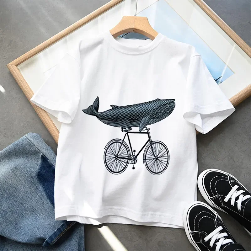 Summer shark Fashion Unisex Cartoon funny T-shirt Children Boys Short Sleeves Tees Baby Kids dolphin Tops whale Girls Clothes