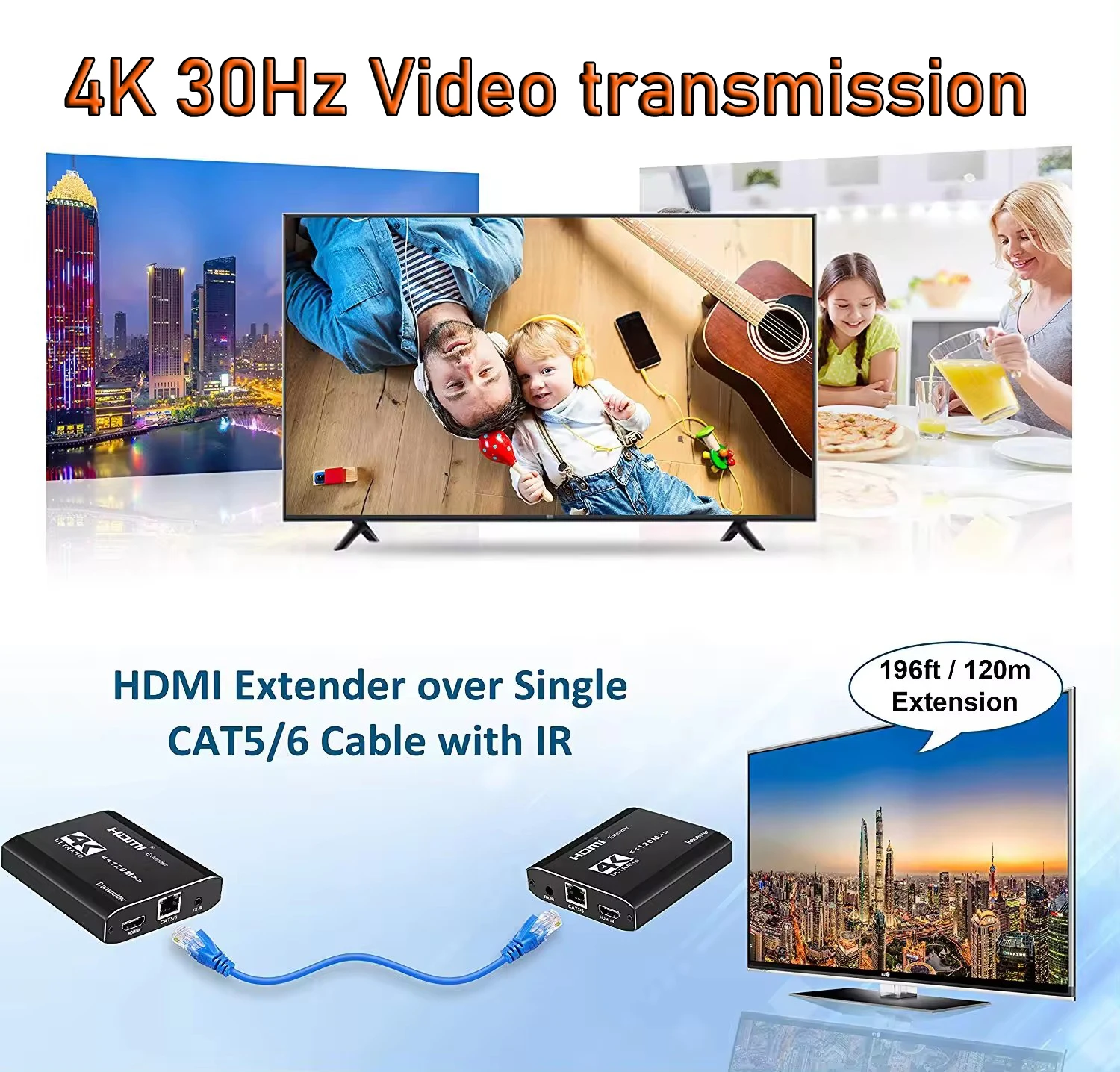 4K HDMI Extender over cat5e/6 cable one to many Cascade Extender HDMI over Ethernet for PC laptop HDTV DVD 4K 30Hz HDMI Loop IR