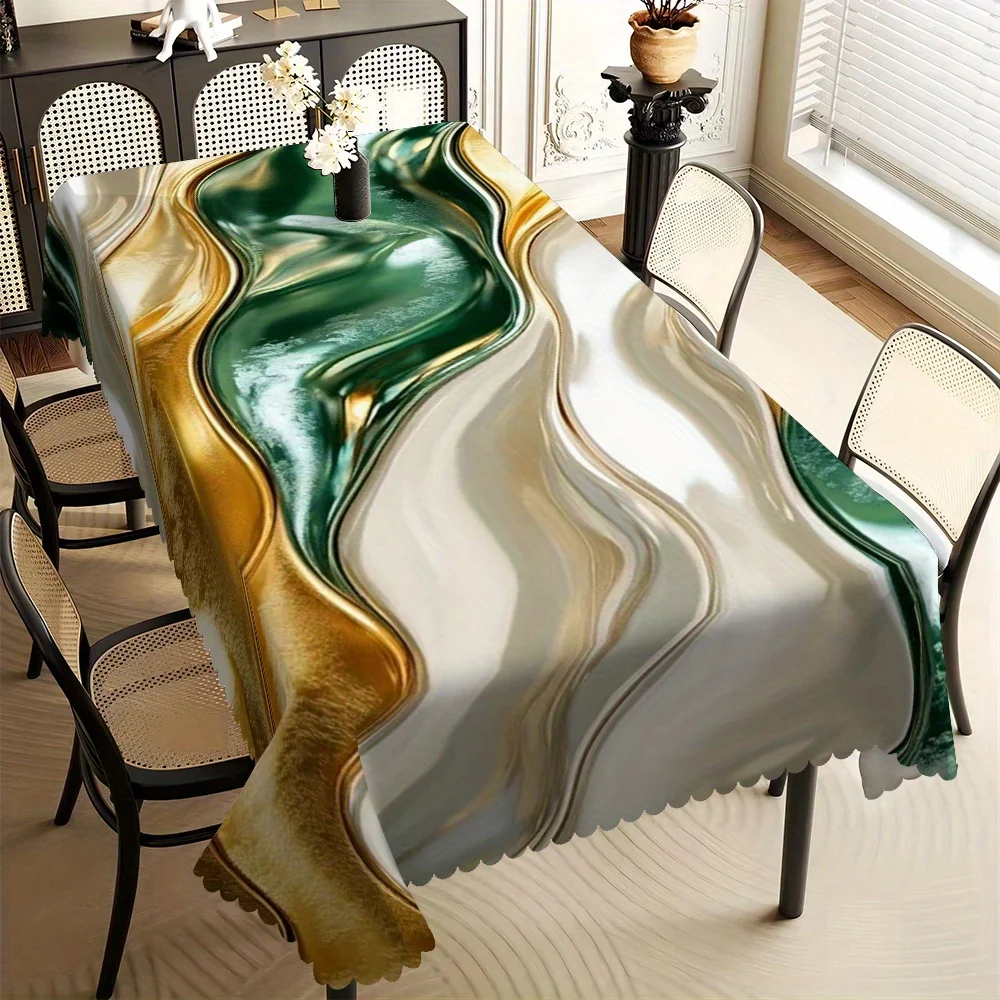 Luxury Marble Swirl Print Tablecloth, Green Gold and White Fluid Art Design with Scalloped Edge, Stain Resistant for Dining Room