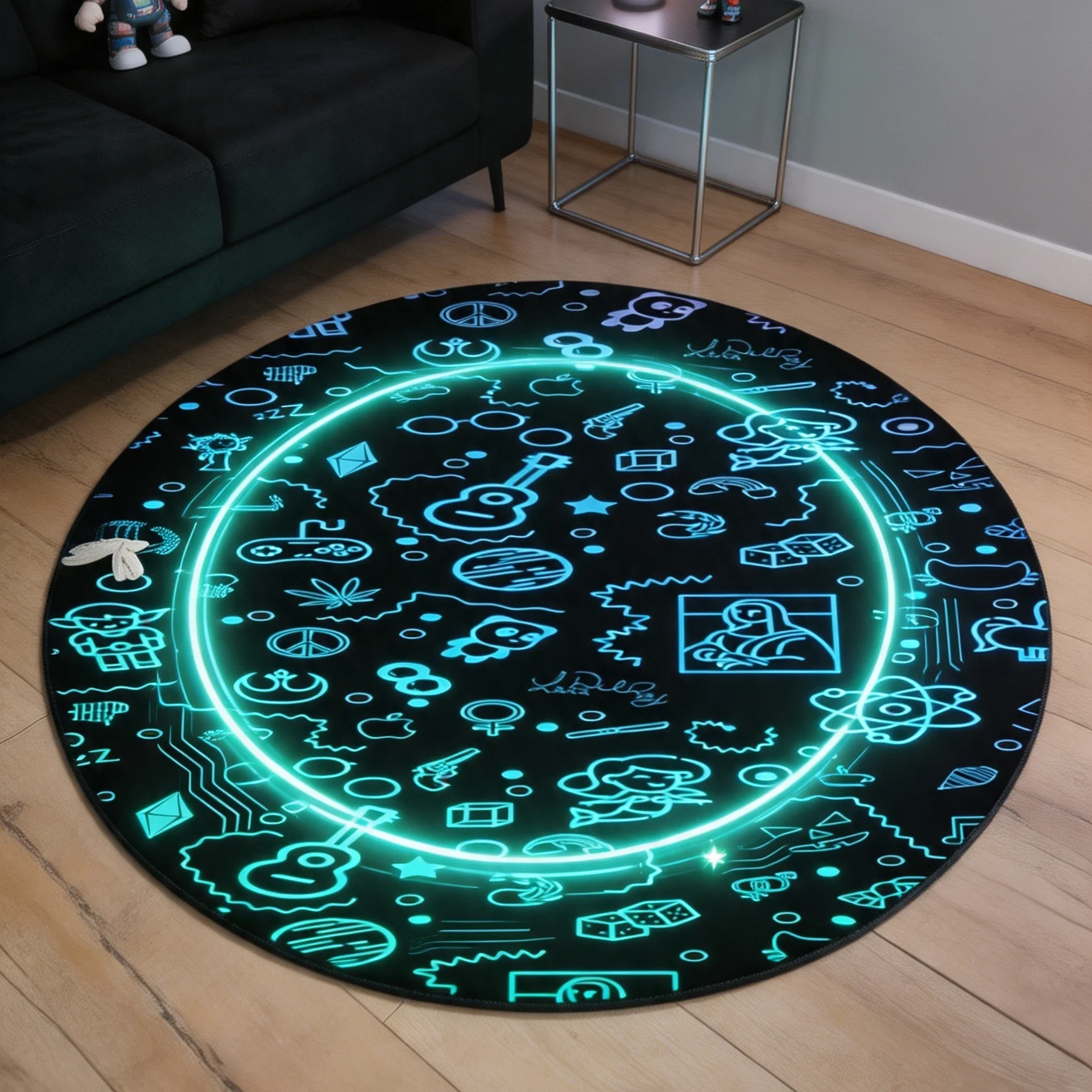 Neon Round Rug Black Doodle Felt NonSlip Carpet For Living Room Bedroom Gamer Room Cyberpunk Glow Line Floor Mat
