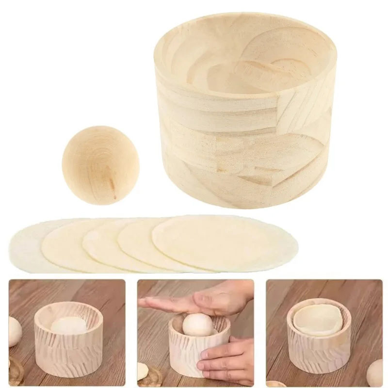 Wood Dumpling Maker Press Tool Wood Mold and Ball Manual Dough Skin Presser Hand Pie Rolling Tool Quick Dumpling Wrapper Maker