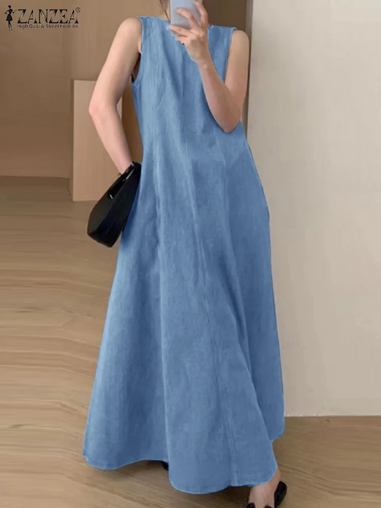 

ZANZEA Korean O Neck Tank Robes Fashion 2024 Summer Casual Sleeveless Midi Dress Vintage Denim Women Streetwear A-line Vestidos