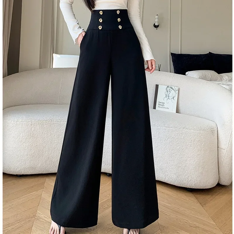 Women Spring Summer New Elegant double-breasted High Waist Wide Leg Pants Female Fashion Casual Full Length Office Lady Trousers