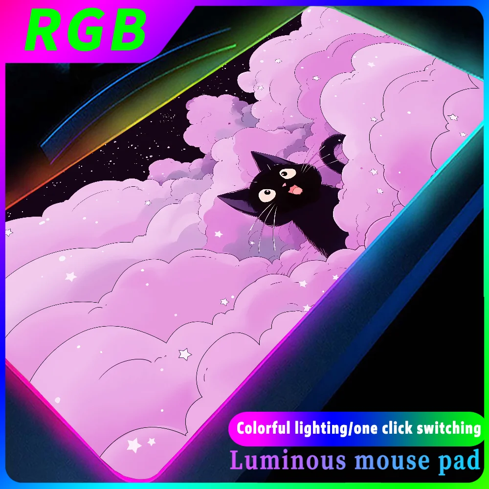 Kawaii Black cat Carpet RGB Purple Clouds LED High Speed Computer Keyboard Accessories Mousepad Desk Mat Large Gaming Mats 40X90