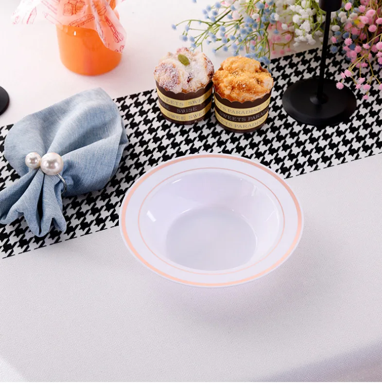 White Double Gold Edged Disposable Plastic Soup Plate Salad Bowl Wedding Banquet Catering Festival Birthday Desktop Decoration