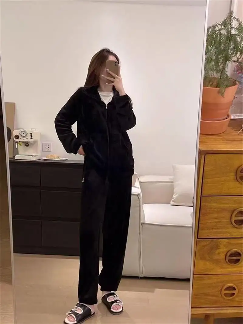 Women Thicken Velvet Ribbed Fleece Warm 2 Piece Solid Winter Warm Pullover And Pants Zip Suit Pajama Sets Can Be Worn Externally