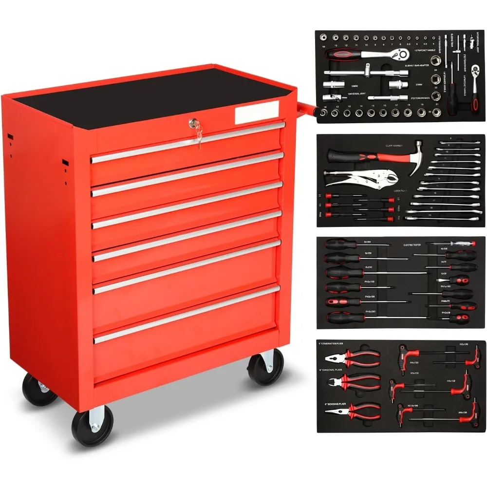 Metal 7-Drawer Tools Cart Rolling Tool Cabinet on Wheels with Locking Swivel, Key Locked System and Pull Handle 79-Piece Hand