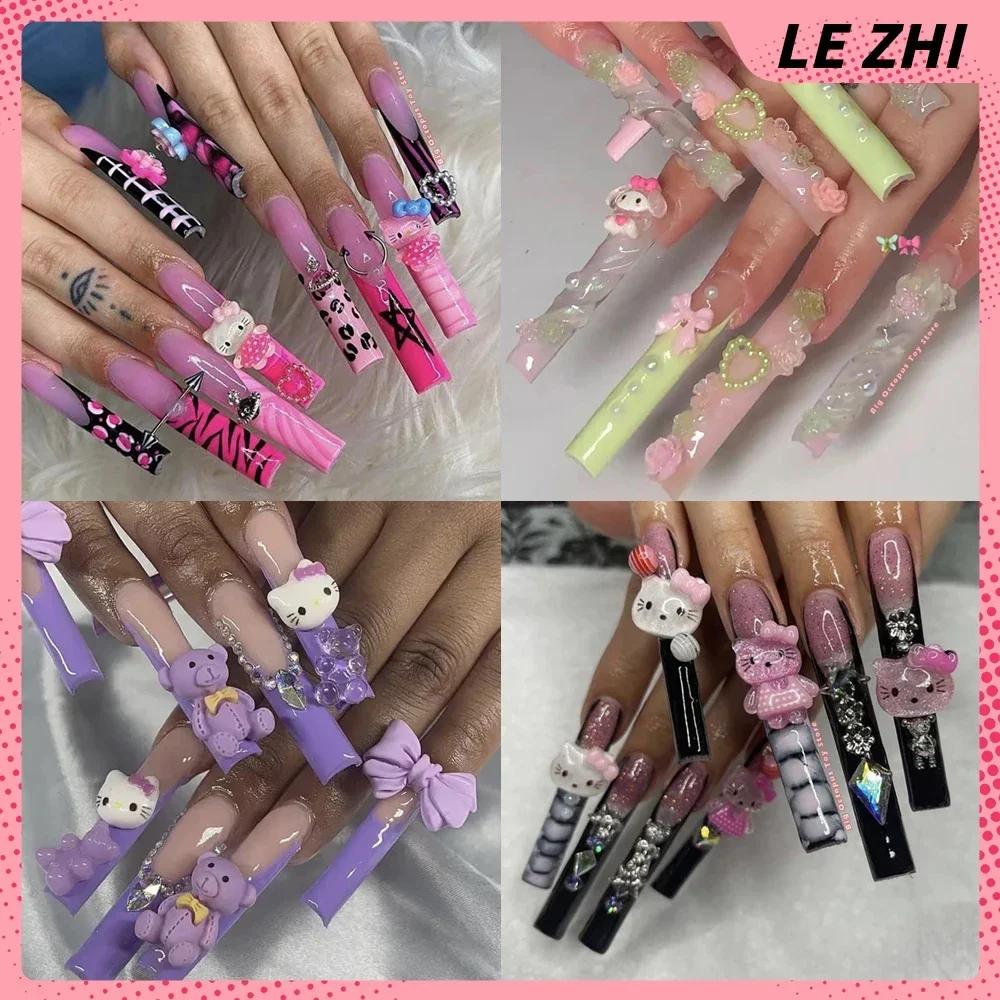 Xxl Euro-Americaen Long Square Cartoon Fake Nails Hello Kitty Mymelody Kuromi Luxury Diamond Handmade Nail Tips Party Sticker