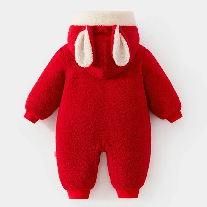 Winter Rompers Newborn Girl Clothes Chinese Style Cartoon Cute Hooded Fleece Warm Thicker Red New Year Jumpsuits Baby Stuff B352