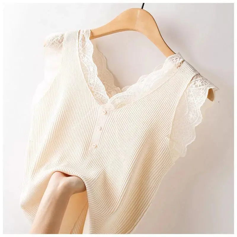 Ice Silk Vest Lace Suspenders Women\'s Summer Outer Wear New Loose Large Size Sleeveless Knitted Top Lace Top