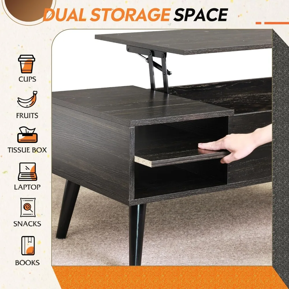 Mesa de centro de madera con compartimento oculto y estante de almacenamiento ajustable, mesa elevadora para el hogar, negro carbón