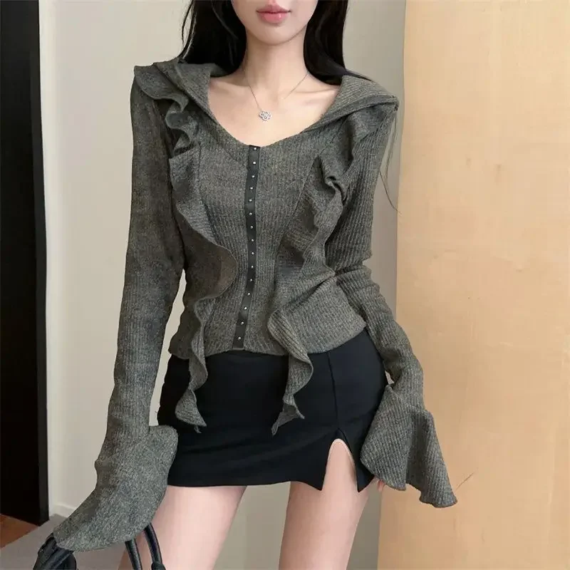 Fashion Trend Ruffles Irregular Slim Flare Sleeve Sexy Patchwork O-neck All-match T-Shirts Women Clothes Young Style Top Tee