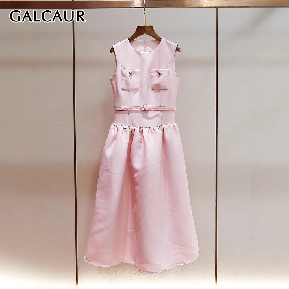 

GALCAUR Pink Spliced Pocket Basics Dress Female O Neck Sleeveless Loose Korean Sweet Women's Dresses Summer Fashion New Style