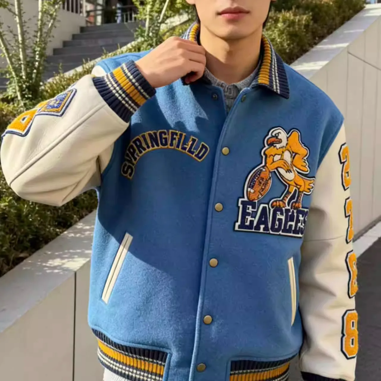 1978 Trendy Eagle Embroidered Baseball Jacket Cleanfit Men's Slim Fit Vintage Waistcoat Outerwear Polyester Standard Fit Jacket
