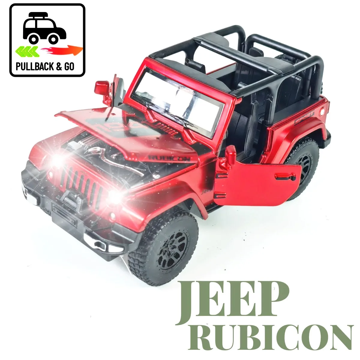 

1:32 Jeep Rubicon Pullback Car Toy with Lights Engine Sound, Scale Diecast Car Model Miniature Replica Kid Boy Play Gift