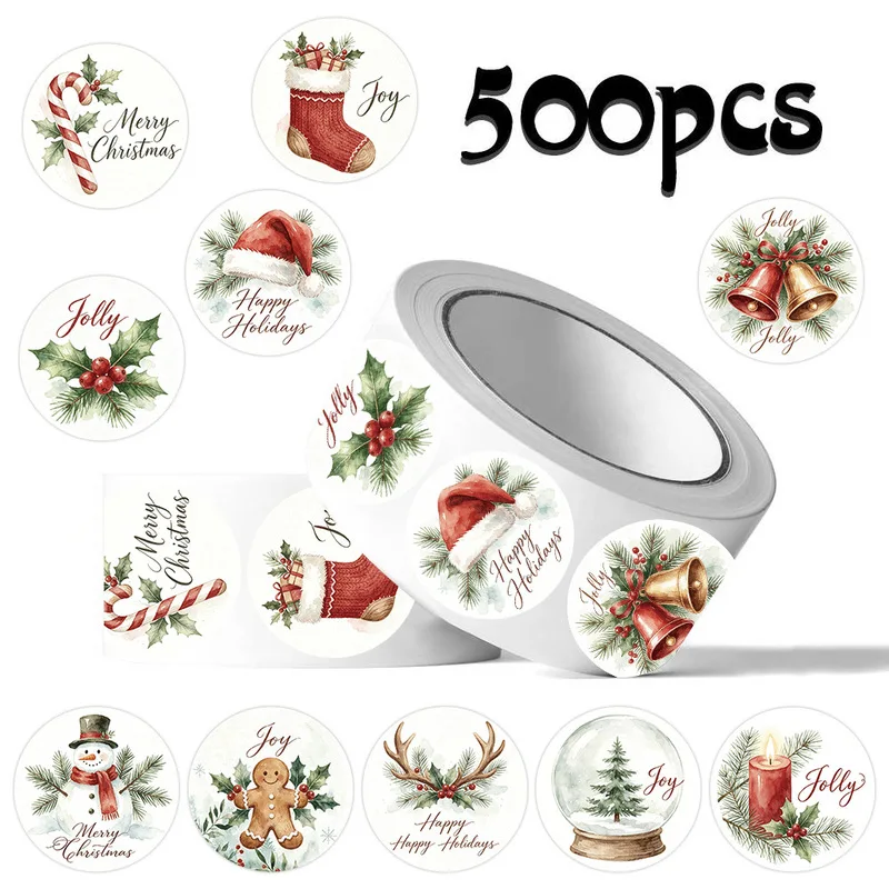500Pcs/roll Merry Christmas Sticker Gingerbread Man Snowman Bell Decal Labels for Gift Wrapping Envelope Sealing Party Favor