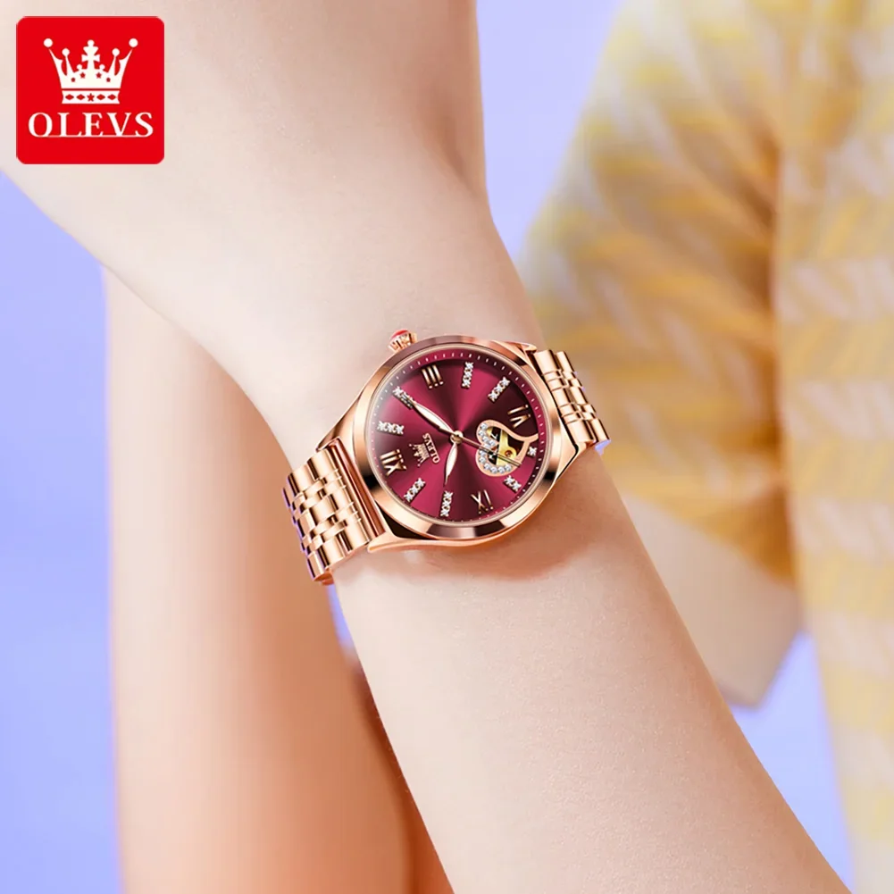 OLEVS Heart Hollow Automatic Watch Women Luxury Fashion Casual Stainless Steel Waterproof Mechanical Wristwatch Relógio Feminino