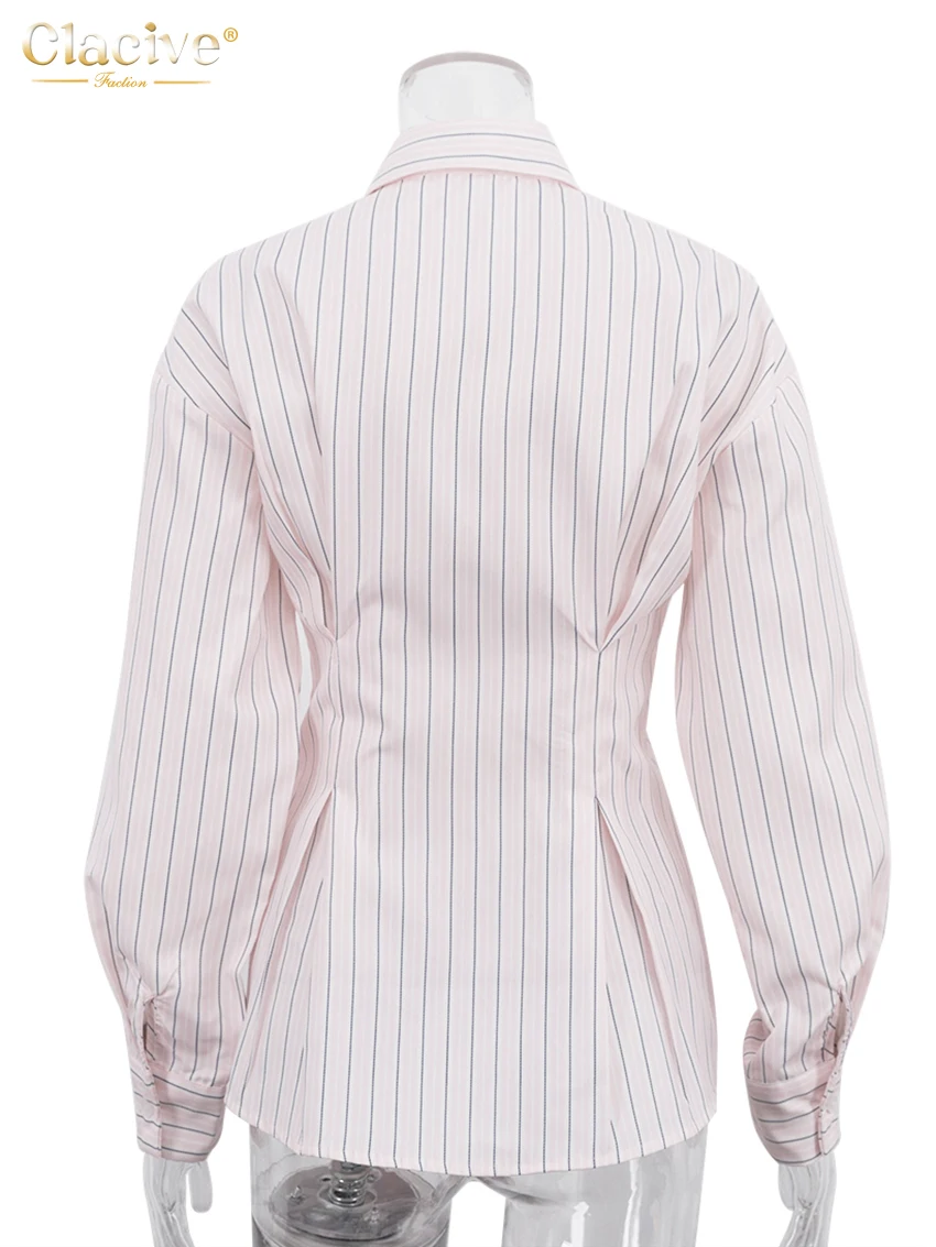 Clacive Fashion Loose Stripe Print Women's Shirt 2025 Casual Lapel Long Sleeve Blouse Elegant Classic Tie Top Female Clothing