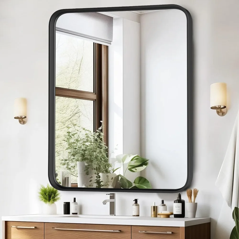 40x30in Black Metal Framed Bathroom Mirror, Rounded Rectangle Wall Mirror, Anti-Rust Tempered Glass, Horizontal/Vertical Hanging