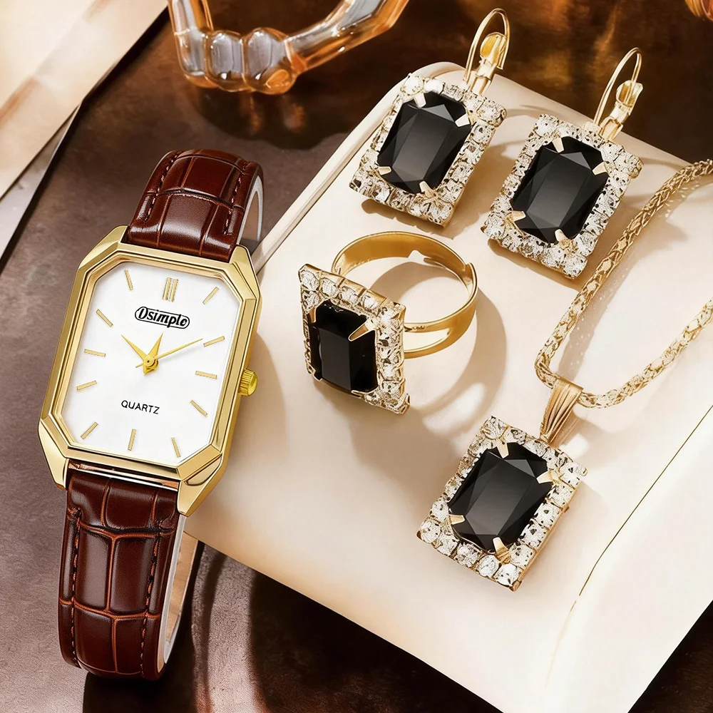 5-Piece Women's Watch & Jewelry Set | Fashion Quartz Watch with PU Leather Strap | Ideal Gift for Wedding, Valentine's Day