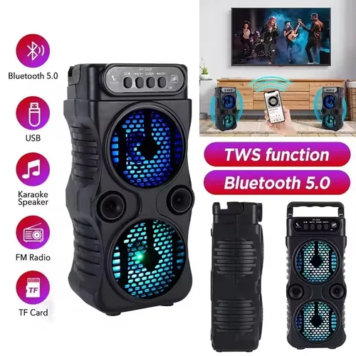 Imagen 2 del producto Altavoz inalámbrico portátil para exteriores, subwoofers estéreo duales de 3 pulgadas, refuerzo de graves, Radio FM, tarjeta TF/USB para graduación, Karaoke en casa