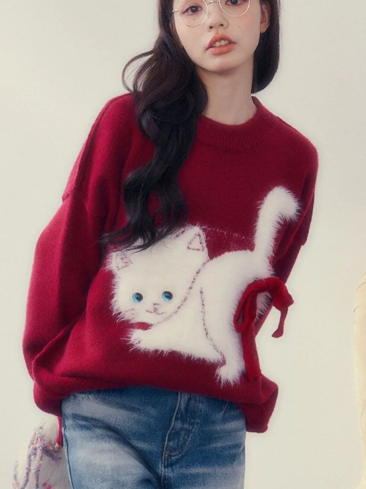 Kawaii Kitty Cat Print Christmas Red Pullover Bow Women O-Neck Sweaters Y2k Sueter Mujer Japanese Sweet Preppy Style Knitted Top