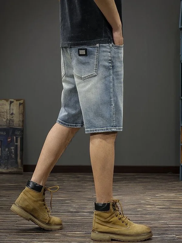Summer 2026 Men's Retro American Denim Shorts Thin Straight Leg Mid-Waist Elastic Five-Point Casual Jeans Lightweight Stretch