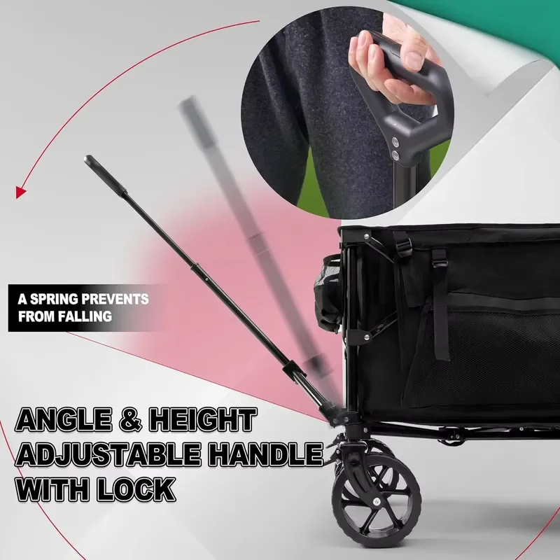 STLF Heavy Duty Foldable Four-Wheel Wagon Cart with Side Pocket and Brakes Extra Long Design for Shopping & Camping (OEM