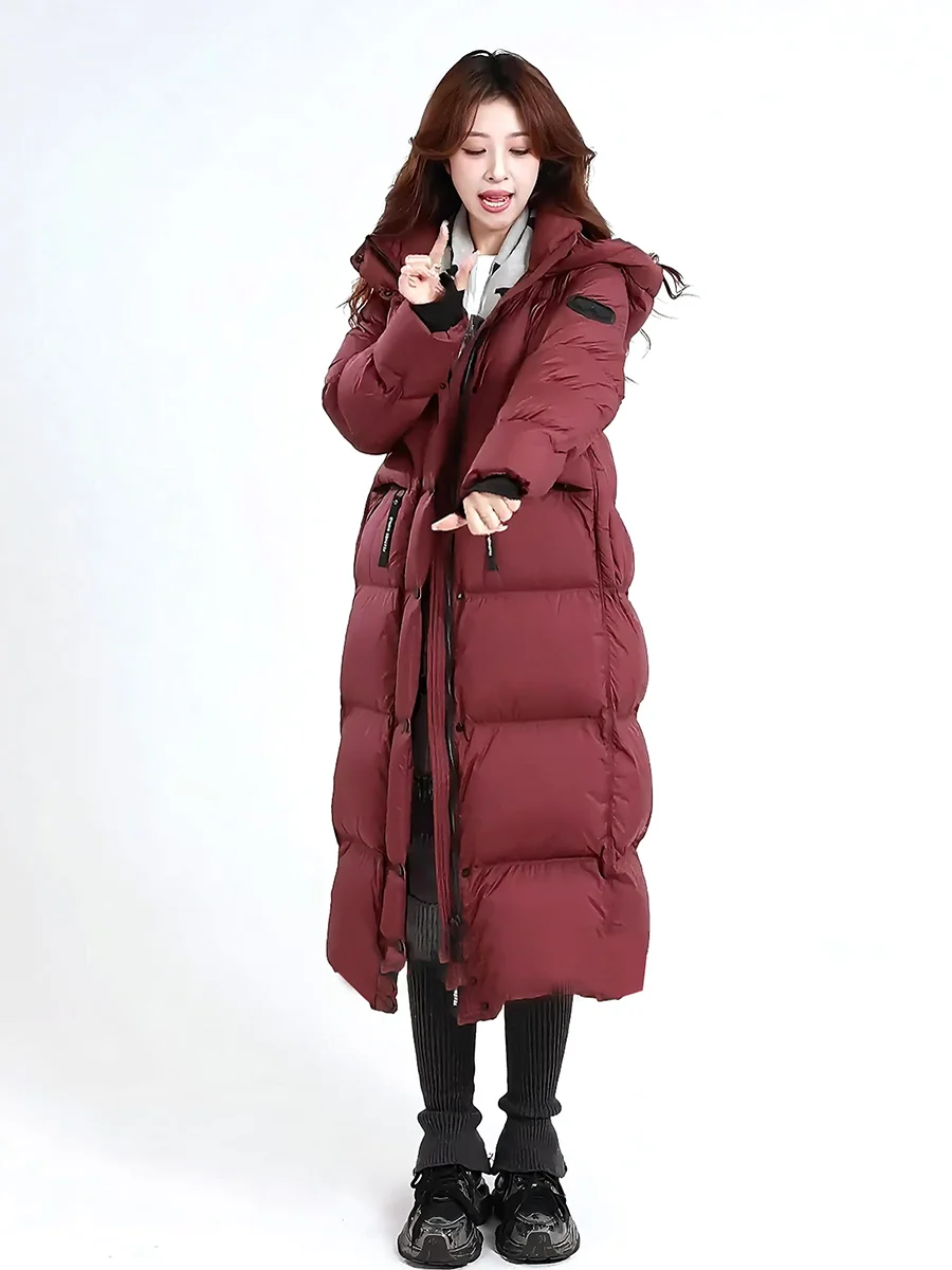 2025년 겨울 패셔너블한 레드 후드 방한 다운 재킷 여성용 코트 출퇴근용 슬림 화이트 다운 충전재