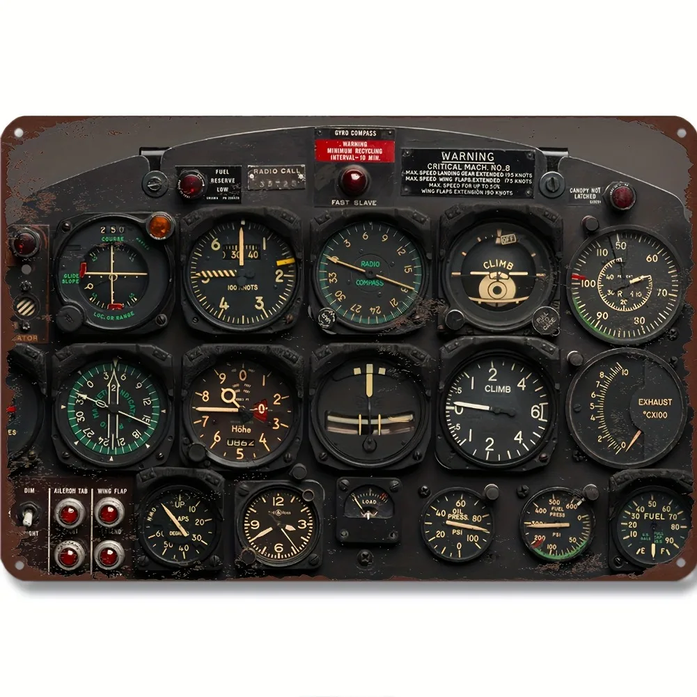 Vintage Aircraft Cockpit Instrument Panel Retro Metal Tin Sign, Aviation Pilot Wall Art Decor for Man Cave Garage Bar